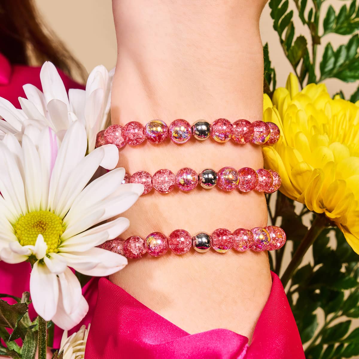 Bracelet en verre à bulles en argent sterling 925 | Meringue magenta